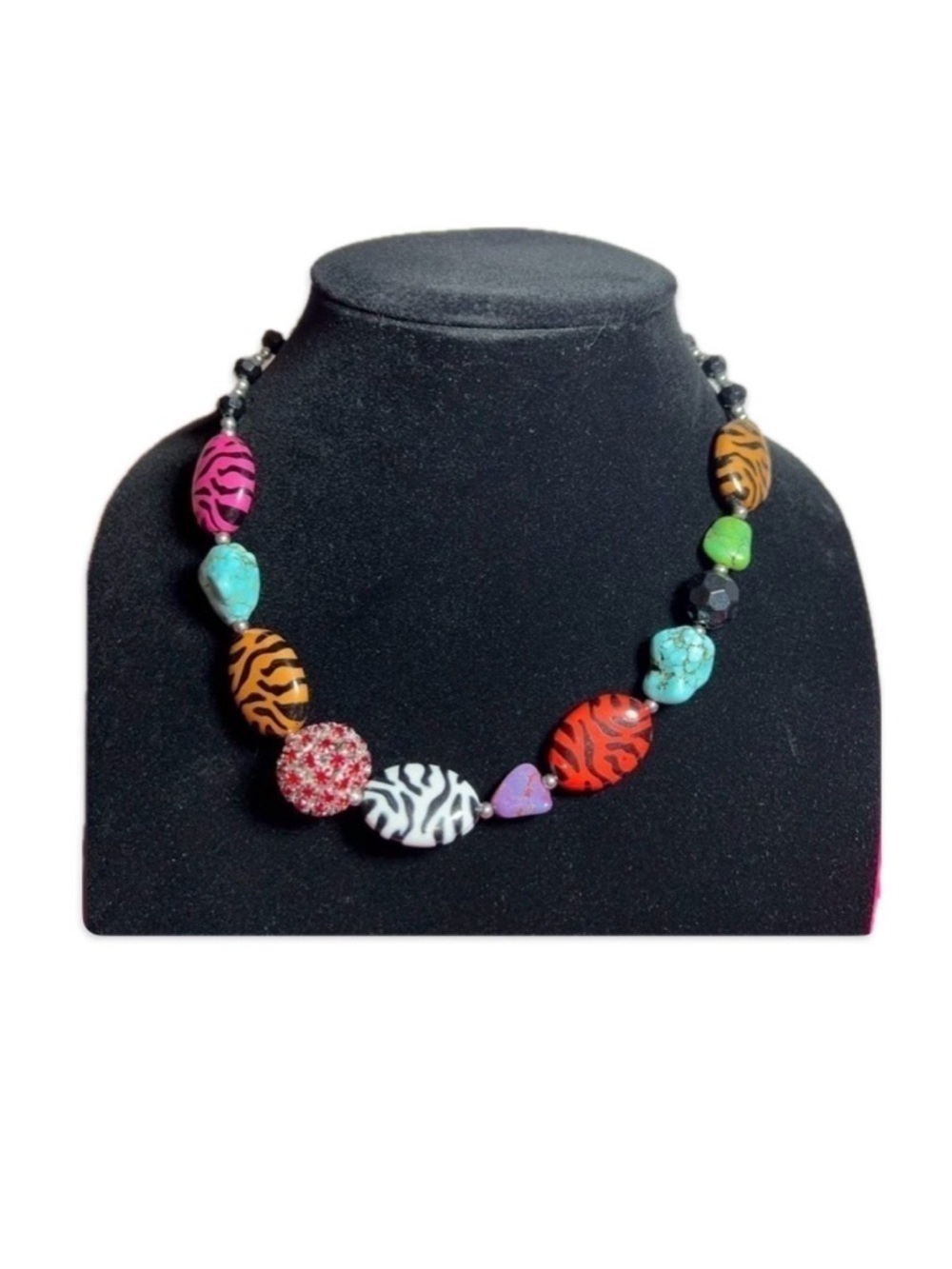 Zebra Print Adjustable Necklace with Red Rhinestones